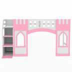 Lit mezzanine rose en bois massif avec escalier de rangement et fenêtre pour enfants, garçons et filles