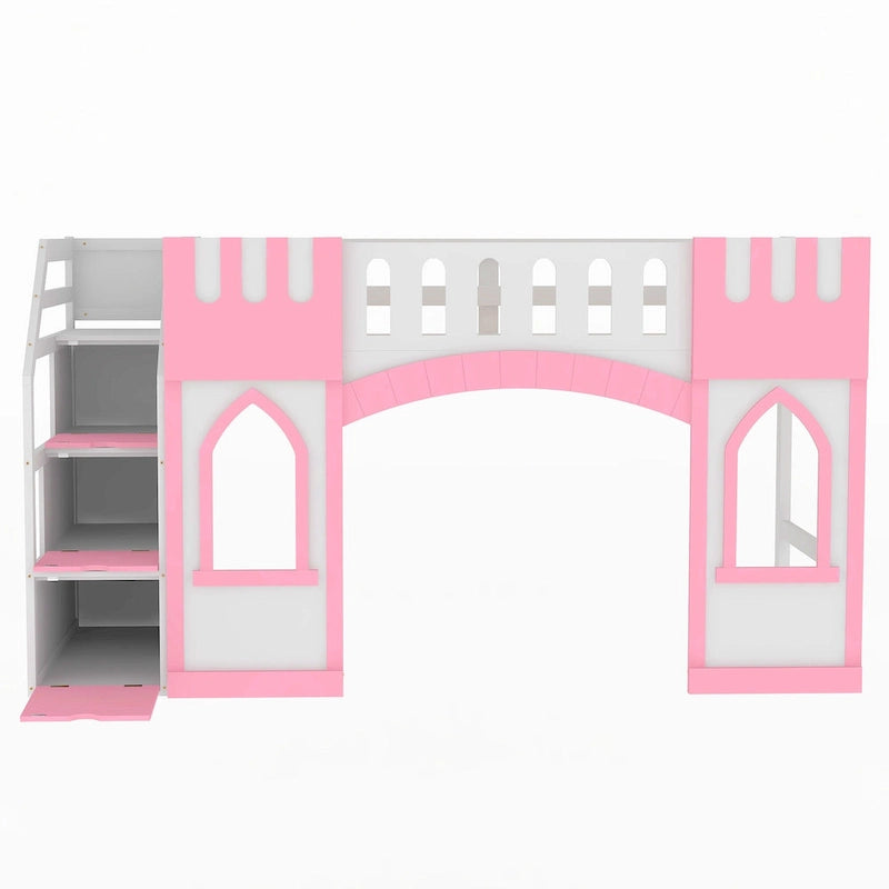 Lit mezzanine rose en bois massif avec escalier de rangement et fenêtre pour enfants, garçons et filles