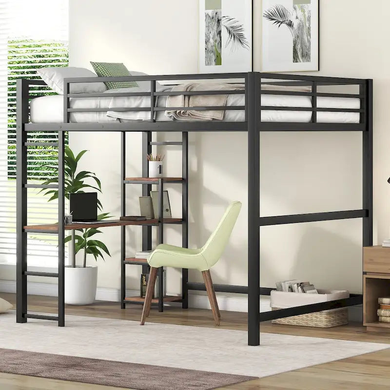Lit mezzanine noir en métal pleine taille avec bureau en L et étagères à 4 niveaux