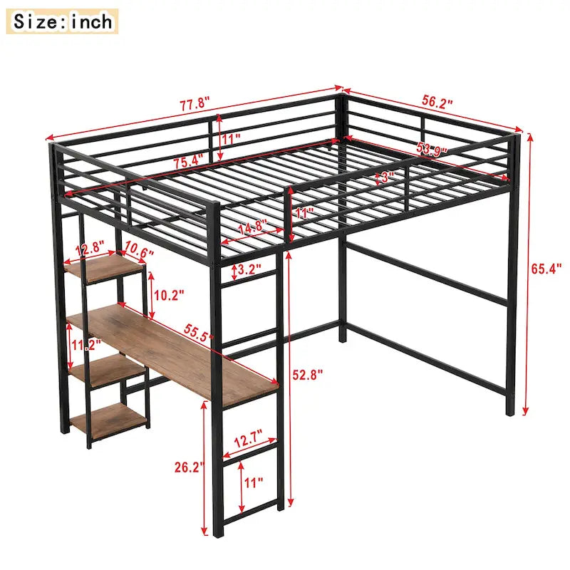 Lit mezzanine noir en métal pleine taille avec bureau en L et étagères à 4 niveaux
