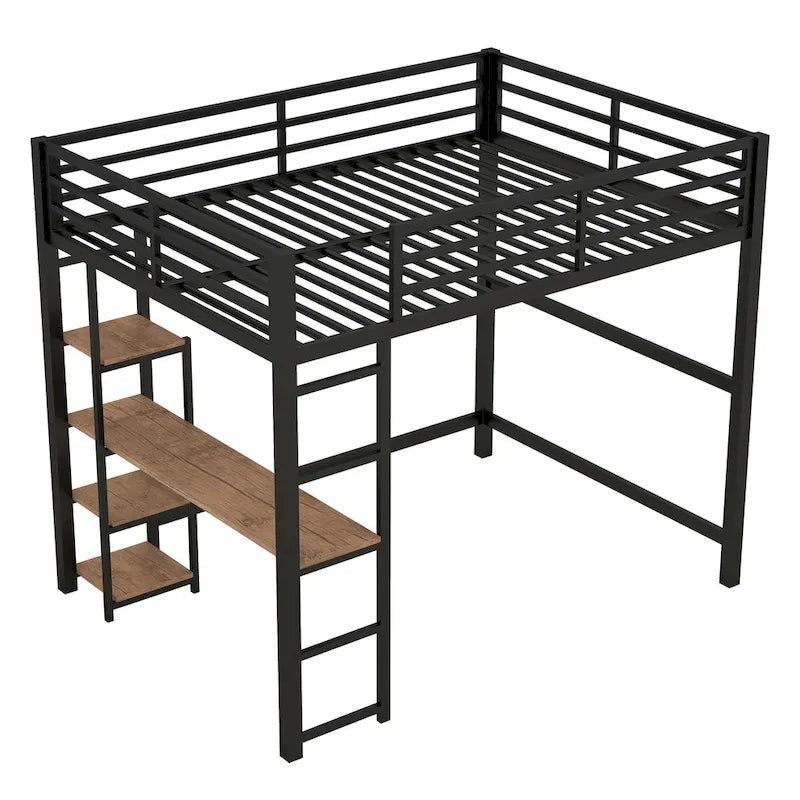 Lit mezzanine noir en métal pleine taille avec bureau en L et étagères à 4 niveaux