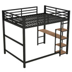 Lit mezzanine noir en métal pleine taille avec bureau en L et étagères à 4 niveaux