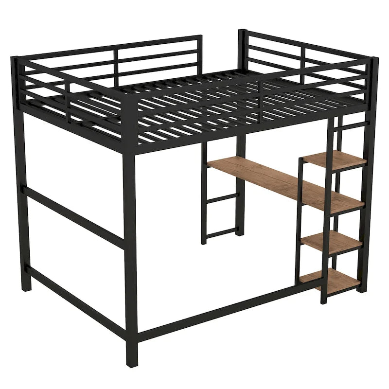 Lit mezzanine noir en métal pleine taille avec bureau en L et étagères à 4 niveaux