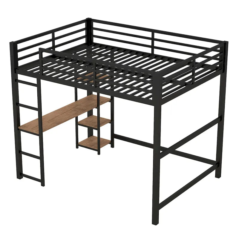 Lit mezzanine noir en métal pleine taille avec bureau en L et étagères à 4 niveaux