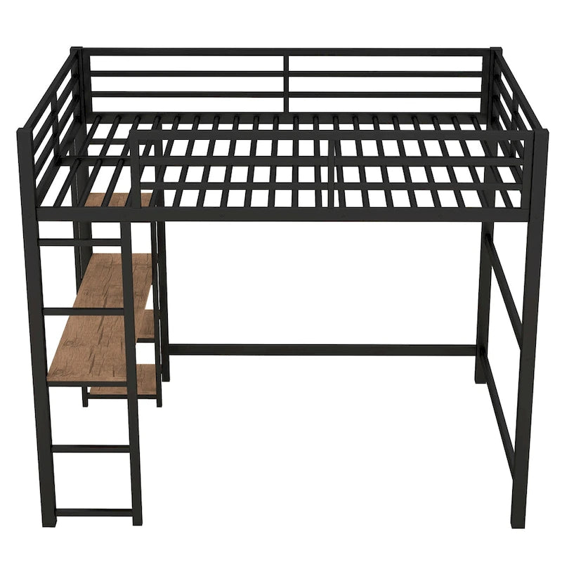 Lit mezzanine noir en métal pleine taille avec bureau en L et étagères à 4 niveaux