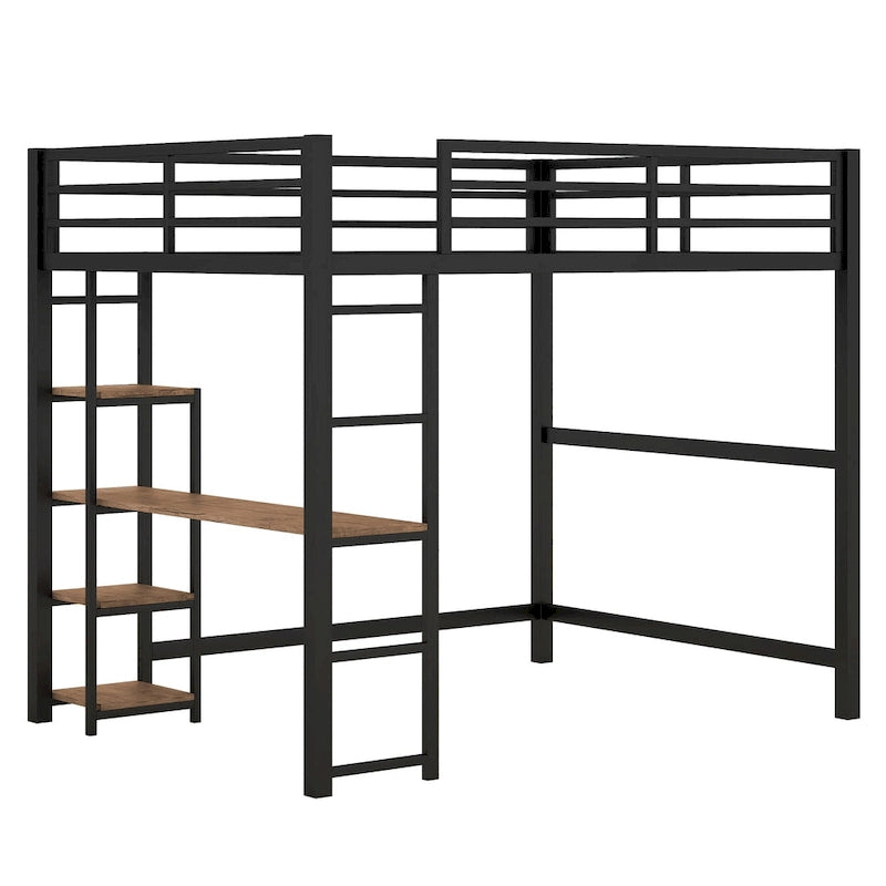 Lit mezzanine noir en métal pleine taille avec bureau en L et étagères à 4 niveaux
