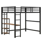 Lit mezzanine noir en métal pleine taille avec bureau en L et étagères à 4 niveaux