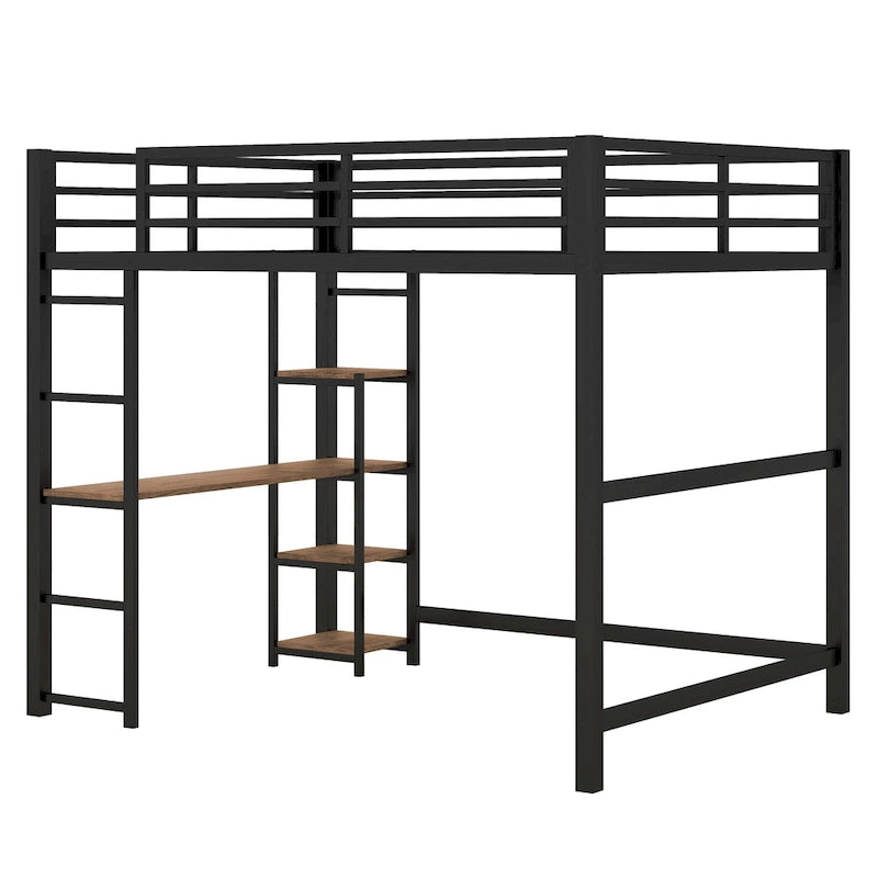 Lit mezzanine noir en métal pleine taille avec bureau en L et étagères à 4 niveaux