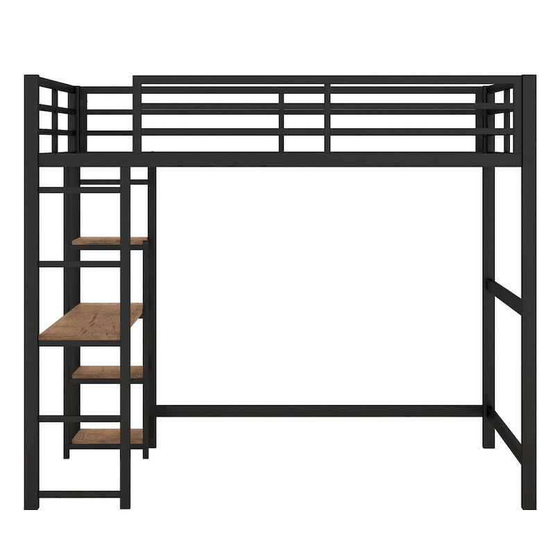 Lit mezzanine noir en métal pleine taille avec bureau en L et étagères à 4 niveaux