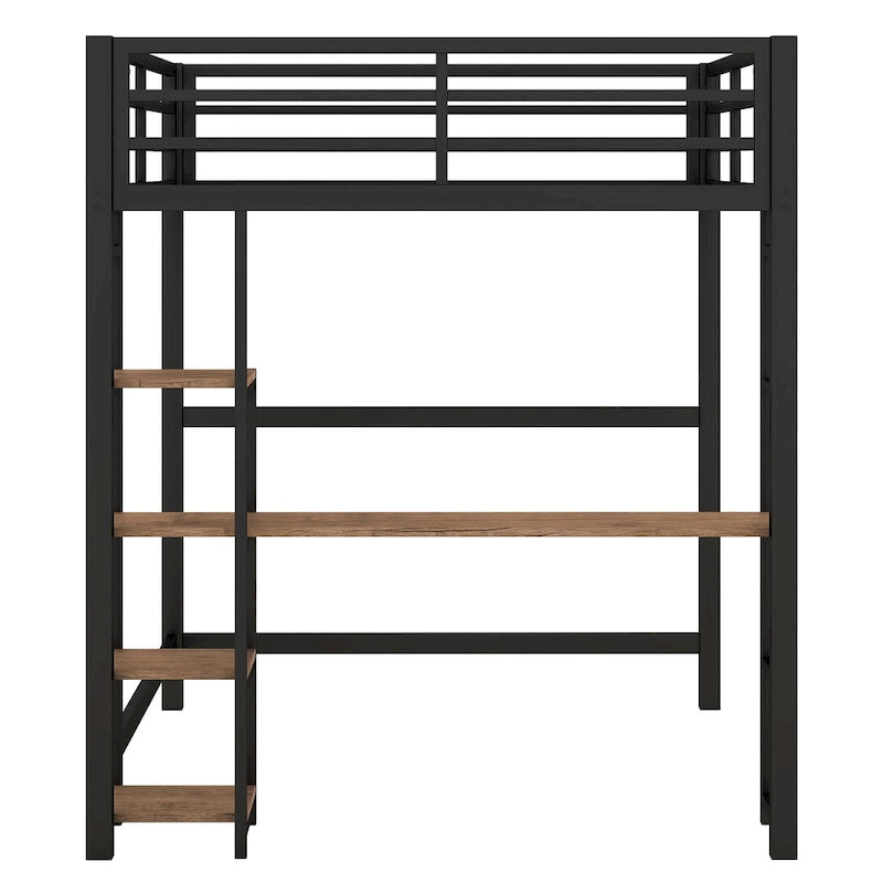 Lit mezzanine noir en métal pleine taille avec bureau en L et étagères à 4 niveaux
