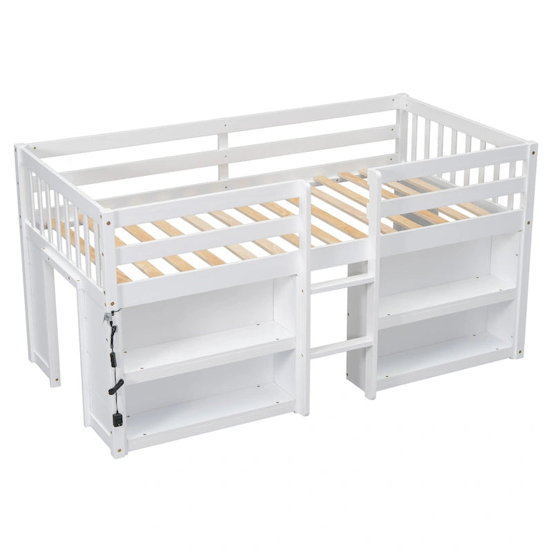 Lit mezzanine bas blanc en bois massif, taille double, avec échelle centrale, deux étagères latérales à deux niveaux, bande LED et espace de jeu sous le lit