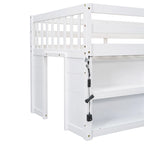 Lit mezzanine bas blanc en bois massif, taille double, avec échelle centrale, deux étagères latérales à deux niveaux, bande LED et espace de jeu sous le lit