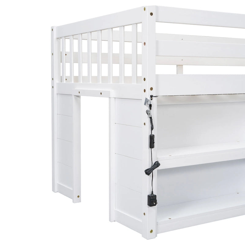 Lit mezzanine bas blanc en bois massif, taille double, avec échelle centrale, deux étagères latérales à deux niveaux, bande LED et espace de jeu sous le lit