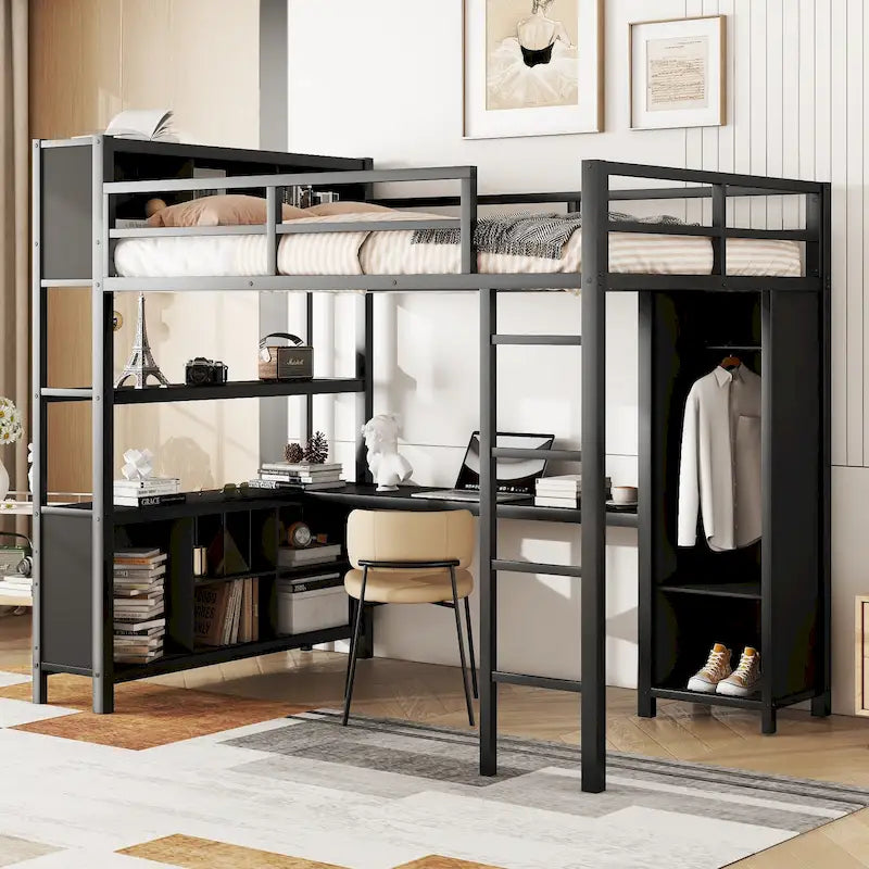 Lit mezzanine double en métal noir avec bureau en L, armoire ouverte et étagères de rangement