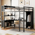Lit mezzanine double en métal noir avec bureau en L, armoire ouverte et étagères de rangement