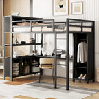 Black Full Size Metal Loft Bed with Wardrobe And L-shaped Desk, Storage Cubes and Shelves for Kids, Teens, Adults
