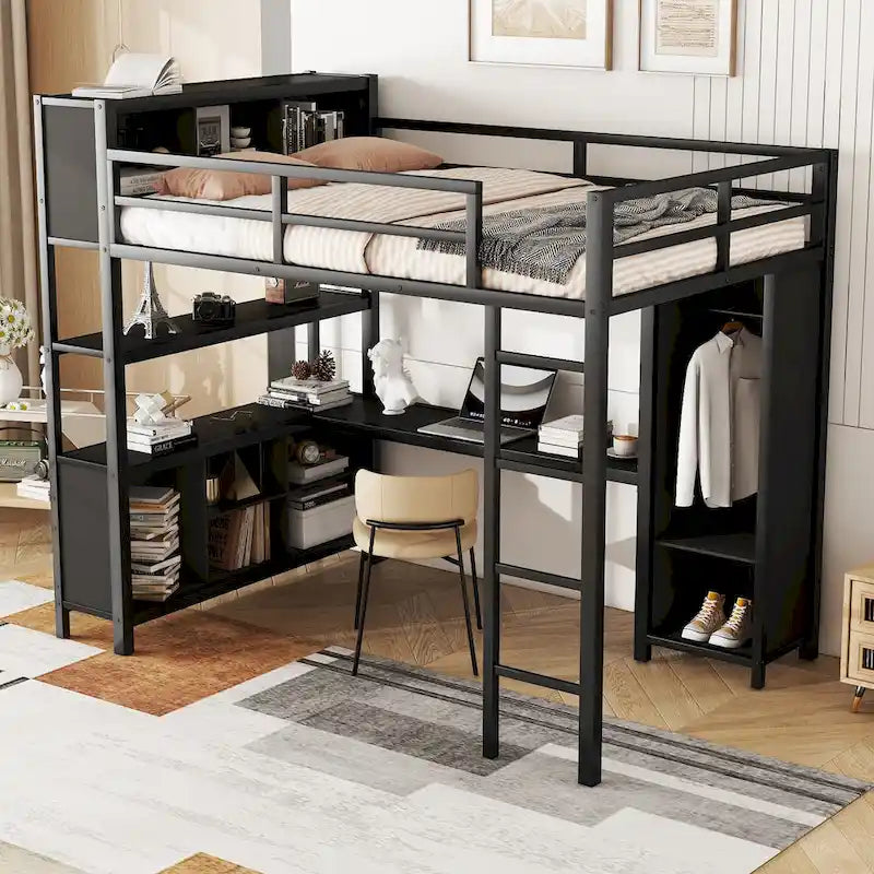 Lit mezzanine double en métal noir avec bureau en L, armoire ouverte et étagères de rangement