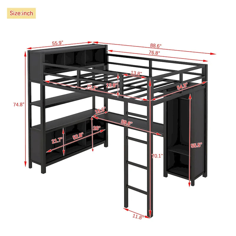 Lit mezzanine double en métal noir avec bureau en L, armoire ouverte et étagères de rangement