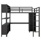Lit mezzanine double en métal noir avec bureau en L, armoire ouverte et étagères de rangement