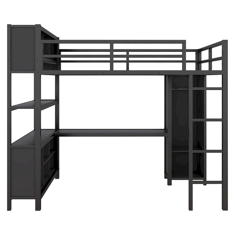 Lit mezzanine double en métal noir avec bureau en L, armoire ouverte et étagères de rangement