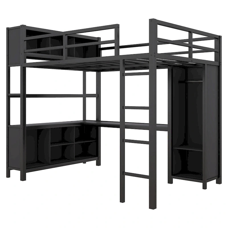 Lit mezzanine double en métal noir avec bureau en L, armoire ouverte et étagères de rangement