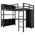 Lit mezzanine double en métal noir avec bureau en L, armoire ouverte et étagères de rangement