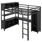 Lit mezzanine double en métal noir avec bureau en L, armoire ouverte et étagères de rangement
