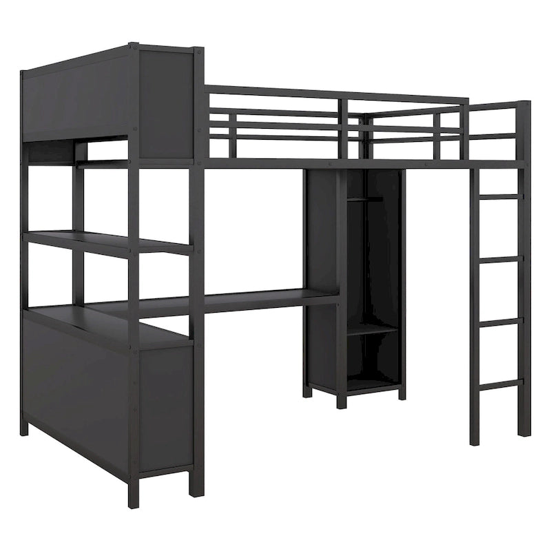 Lit mezzanine double en métal noir avec bureau en L, armoire ouverte et étagères de rangement