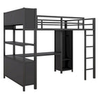Lit mezzanine double en métal noir avec bureau en L, armoire ouverte et étagères de rangement