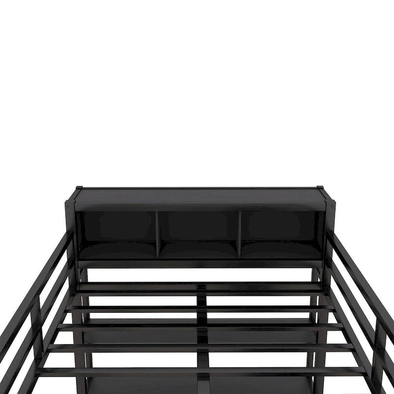 Lit mezzanine double en métal noir avec bureau en L, armoire ouverte et étagères de rangement