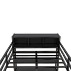 Lit mezzanine double en métal noir avec bureau en L, armoire ouverte et étagères de rangement