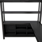 Lit mezzanine double en métal noir avec bureau en L, armoire ouverte et étagères de rangement