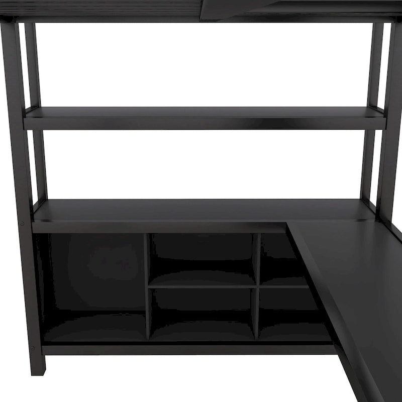 Lit mezzanine double en métal noir avec bureau en L, armoire ouverte et étagères de rangement