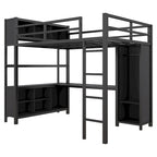 Lit mezzanine double en métal noir avec bureau en L, armoire ouverte et étagères de rangement