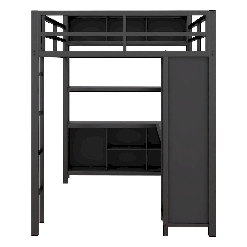 Lit mezzanine double en métal noir avec bureau en L, armoire ouverte et étagères de rangement