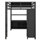 Lit mezzanine double en métal noir avec bureau en L, armoire ouverte et étagères de rangement