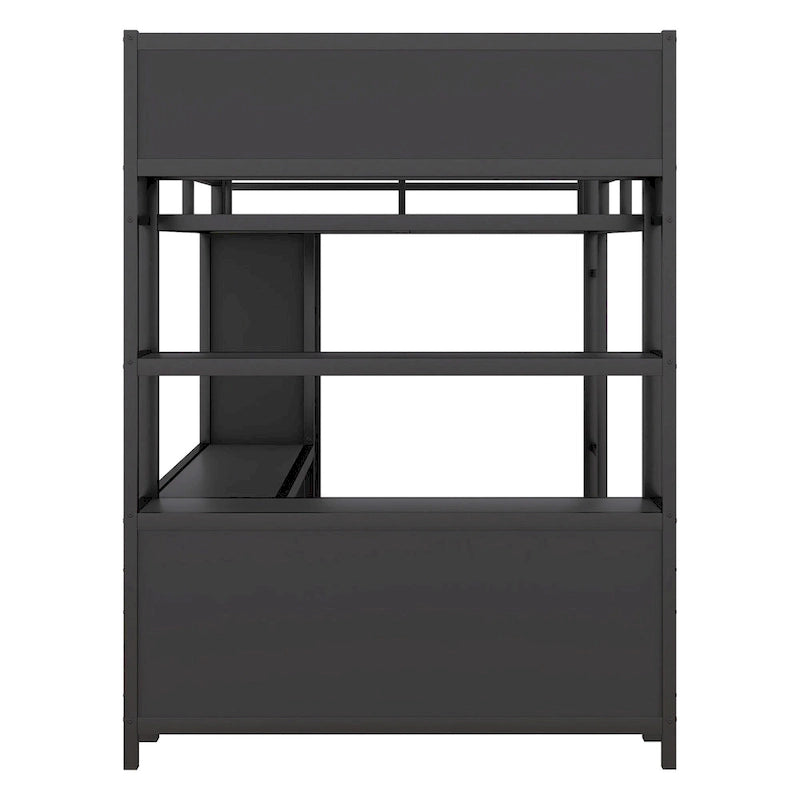 Lit mezzanine double en métal noir avec bureau en L, armoire ouverte et étagères de rangement