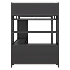 Lit mezzanine double en métal noir avec bureau en L, armoire ouverte et étagères de rangement