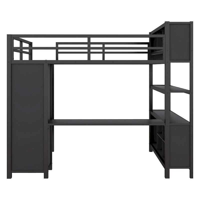 Lit mezzanine double en métal noir avec bureau en L, armoire ouverte et étagères de rangement