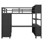 Lit mezzanine double en métal noir avec bureau en L, armoire ouverte et étagères de rangement