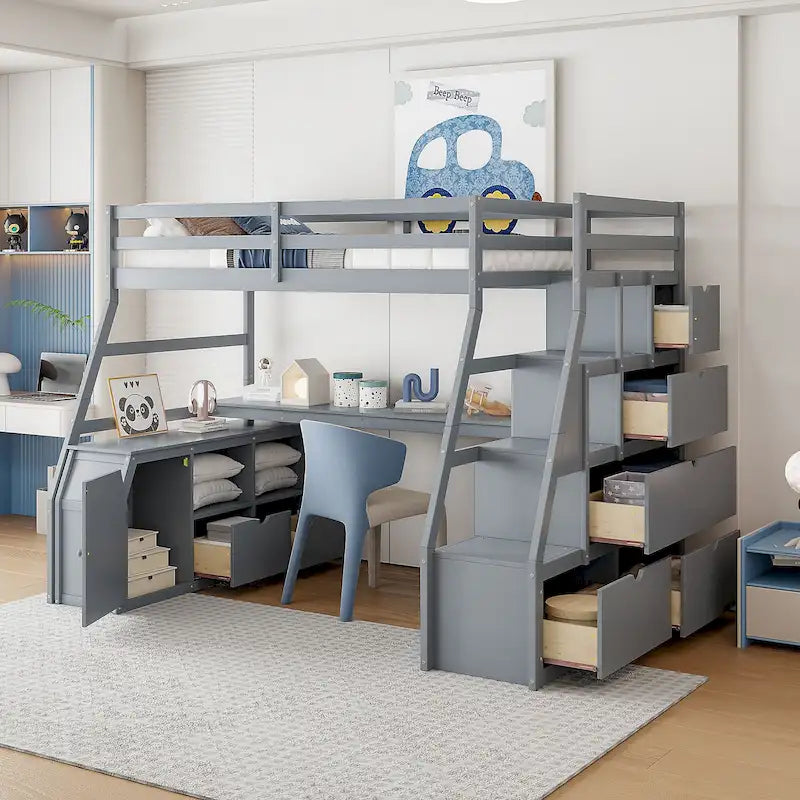 Lit mezzanine gris en pin avec escalier de rangement, bureau et armoire