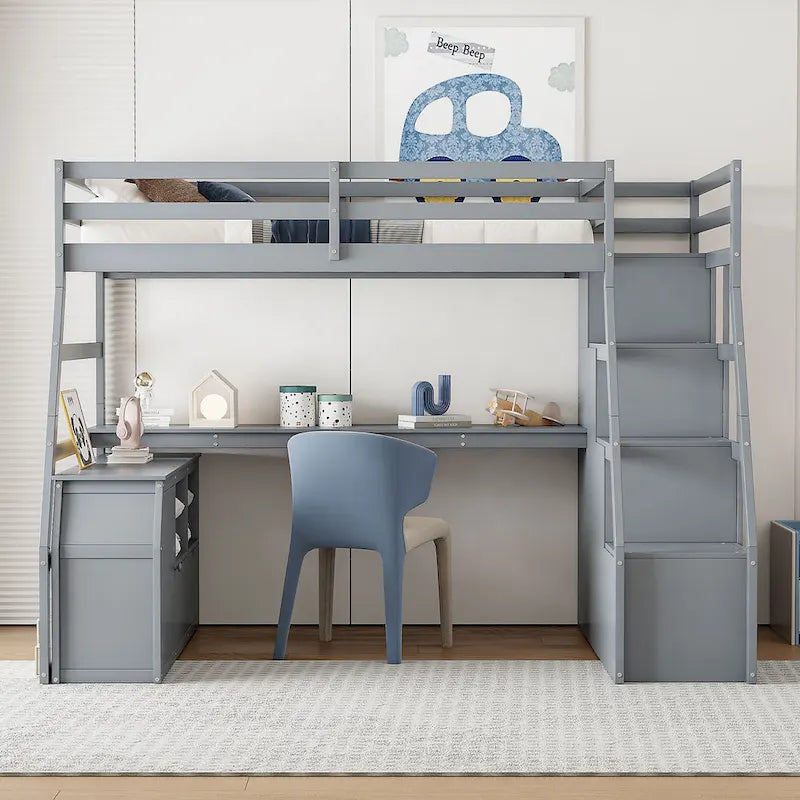 Lit mezzanine gris en pin avec escalier de rangement, bureau et armoire