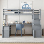Lit mezzanine gris en pin avec escalier de rangement, bureau et armoire