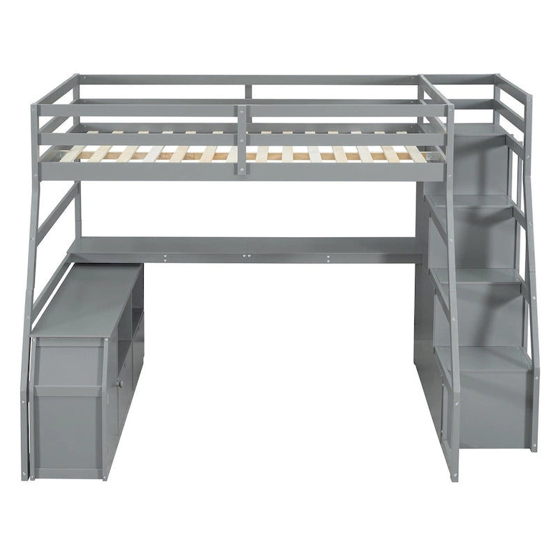 Lit mezzanine gris en pin avec escalier de rangement, bureau et armoire
