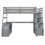 Lit mezzanine gris en pin avec escalier de rangement, bureau et armoire