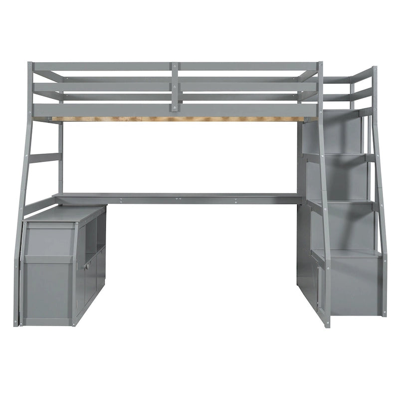 Lit mezzanine gris en pin avec escalier de rangement, bureau et armoire