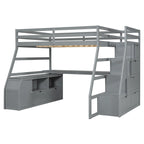 Lit mezzanine gris en pin avec escalier de rangement, bureau et armoire