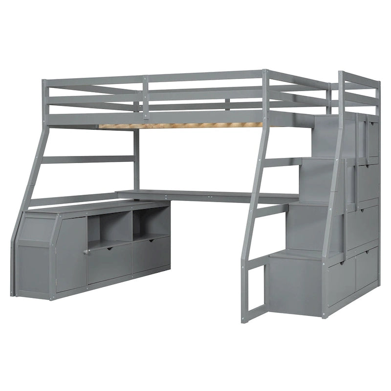Lit mezzanine gris en pin avec escalier de rangement, bureau et armoire