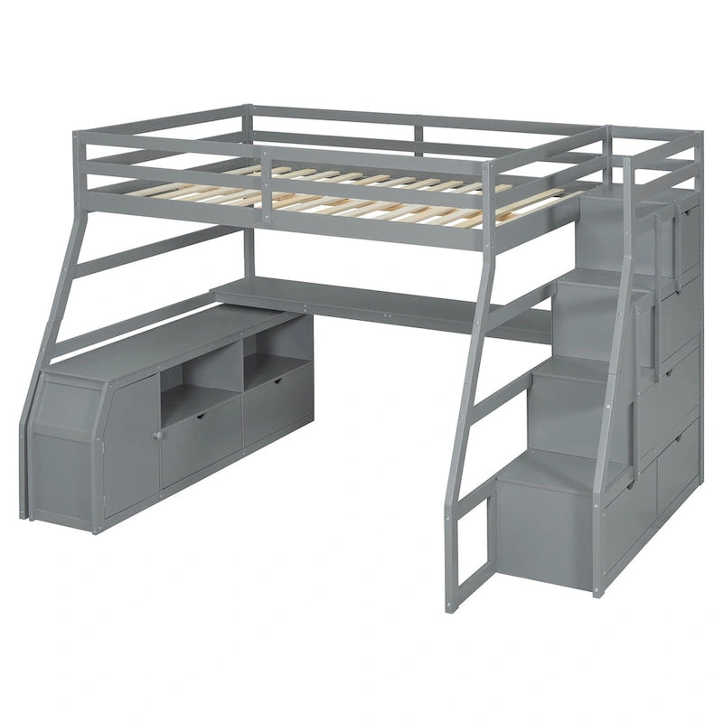 Lit mezzanine gris en pin avec escalier de rangement, bureau et armoire