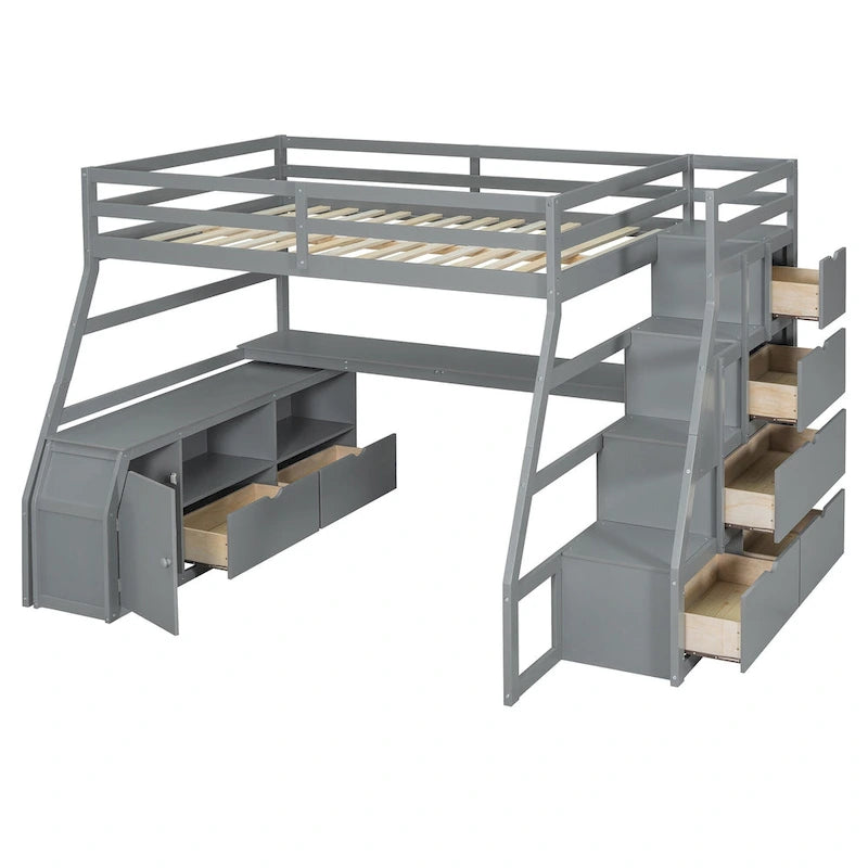 Lit mezzanine gris en pin avec escalier de rangement, bureau et armoire